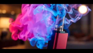E-Zigarette vapor device being used, highlighting its design, vapor clouds, and user